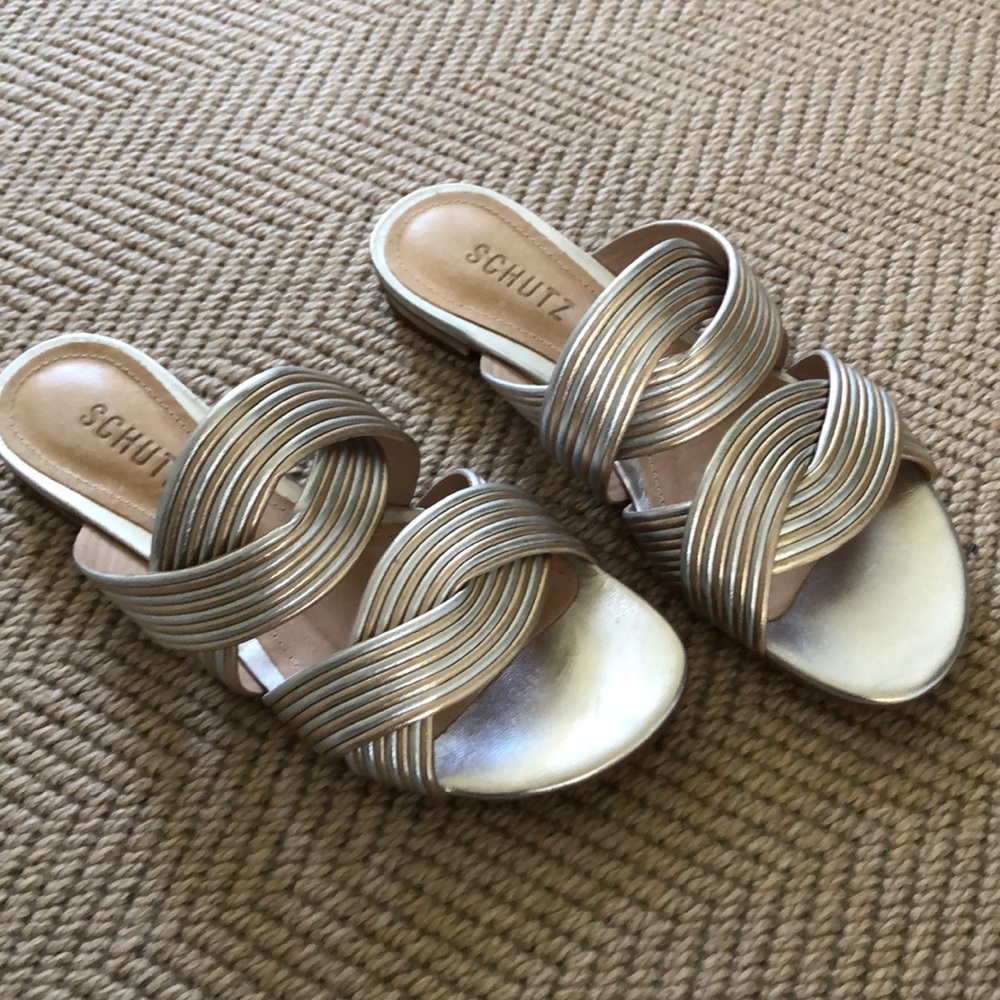 Schutz Metallic Braided Silver Gold Sandal Sz 7.5